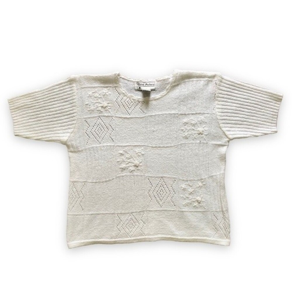 Vintage 80s 90s Gina Peters White Knit Short Sleeve Shirt Size 8 Cottagecore